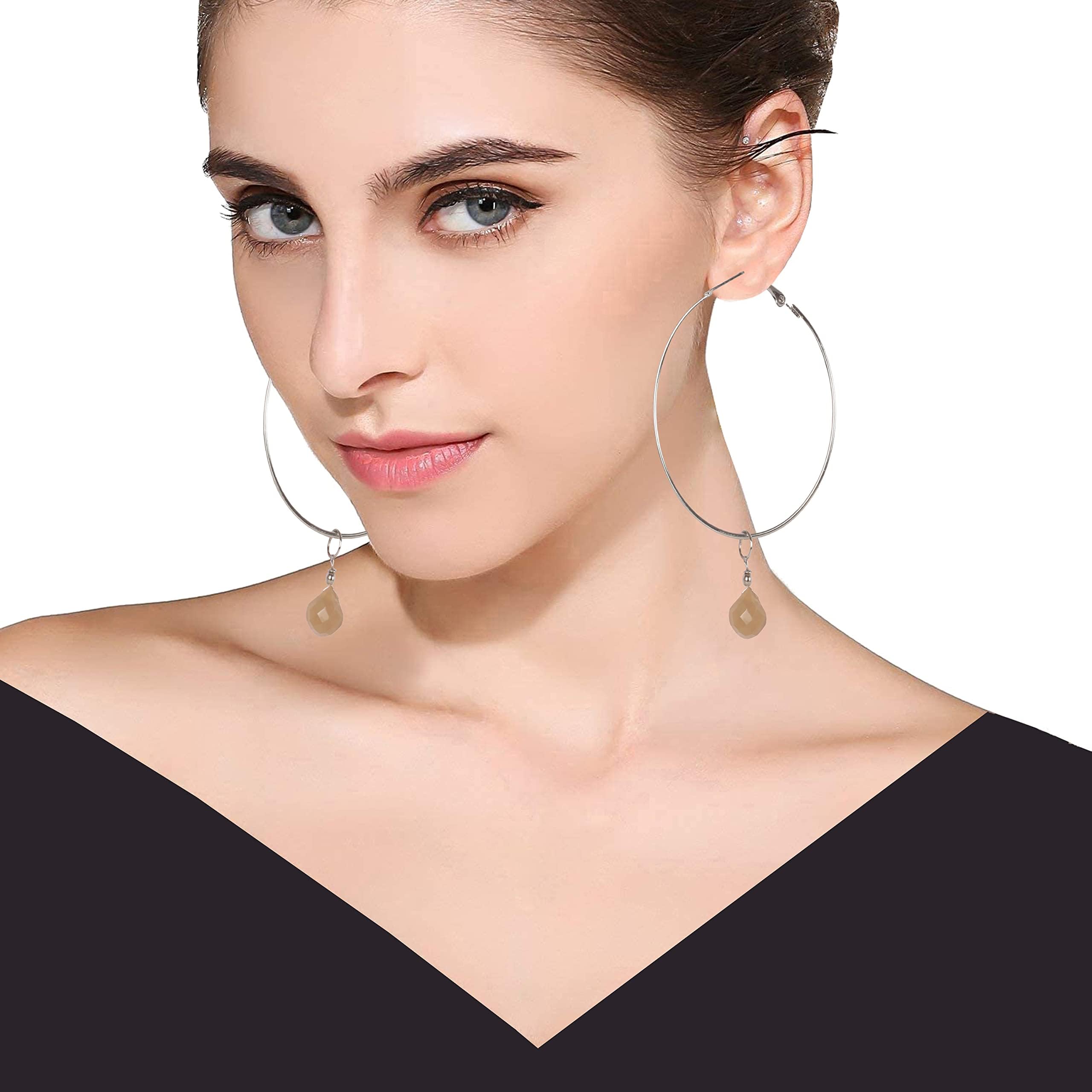 Touchstone Indian Bollywood Handcrafted Glass Stones 3 Changeable Color Designer Jewelry Hoop Earrings in Gold Tone for Women. - Image 7