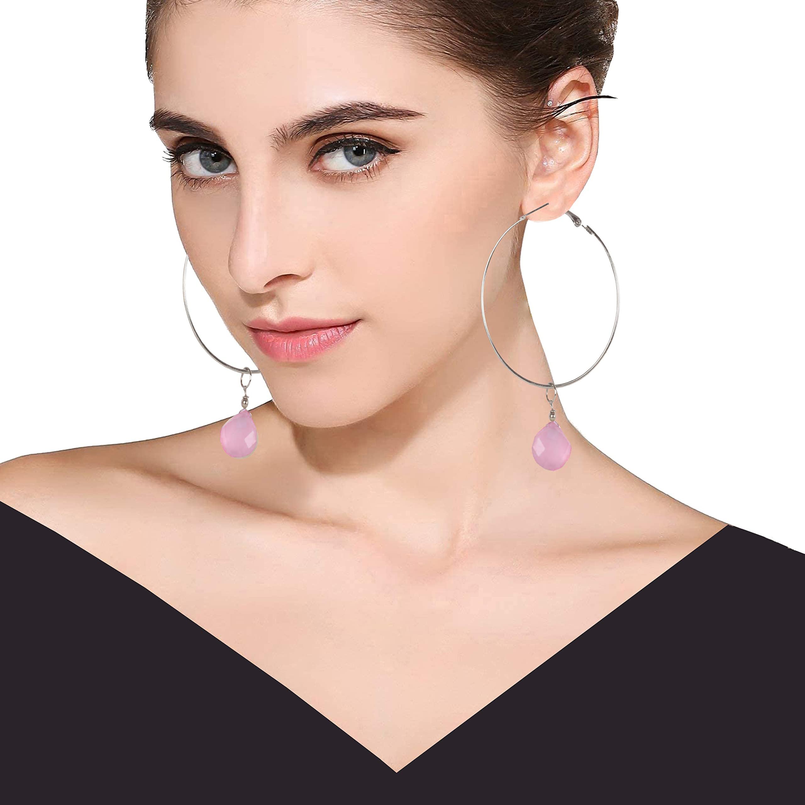 Touchstone Indian Bollywood Handcrafted Glass Stones 3 Changeable Color Designer Jewelry Hoop Earrings in Gold Tone for Women. - Image 8